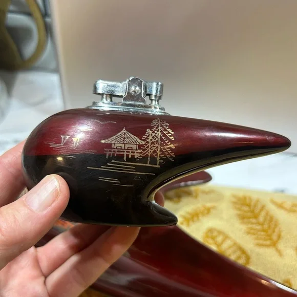 50’s CERAMIC ASHTRAY & LIGHTER Set oxblood MOP inlaid boomerang Japan